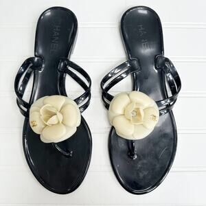 Chanel Black Camellia Flower Rubber Flip Flops Sandals Logo Size 40 Jelly PVC